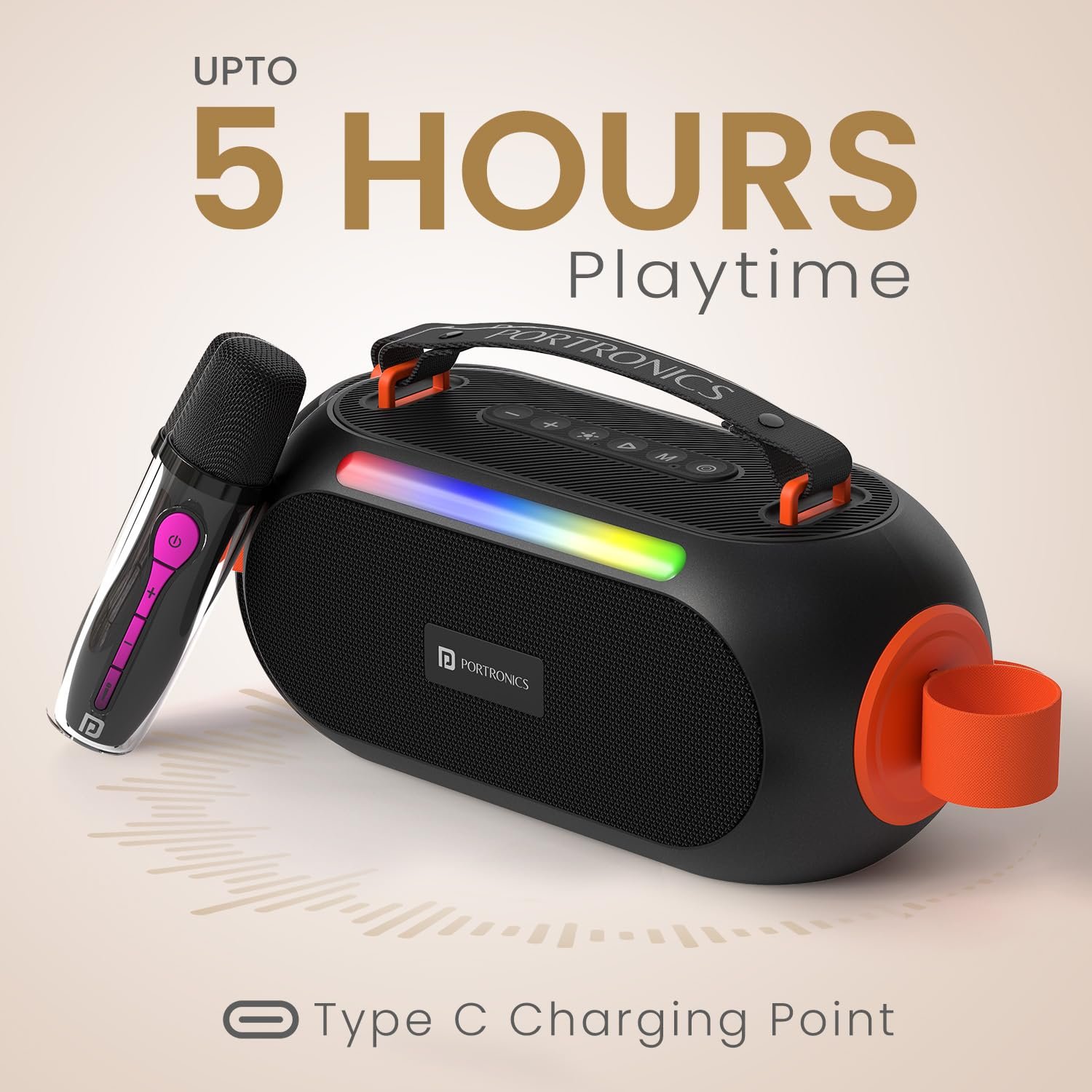 Portronics 25W Apollo 20 Wireless Bluetooth Portable Speaker with Dual Wireless Karaoke Mic, 5 Hour Playtime, RGB LED Light, Bluetooth V5.4, Easy Grab Handle, USB-A Port, Type C Charging(Black) - Image 6