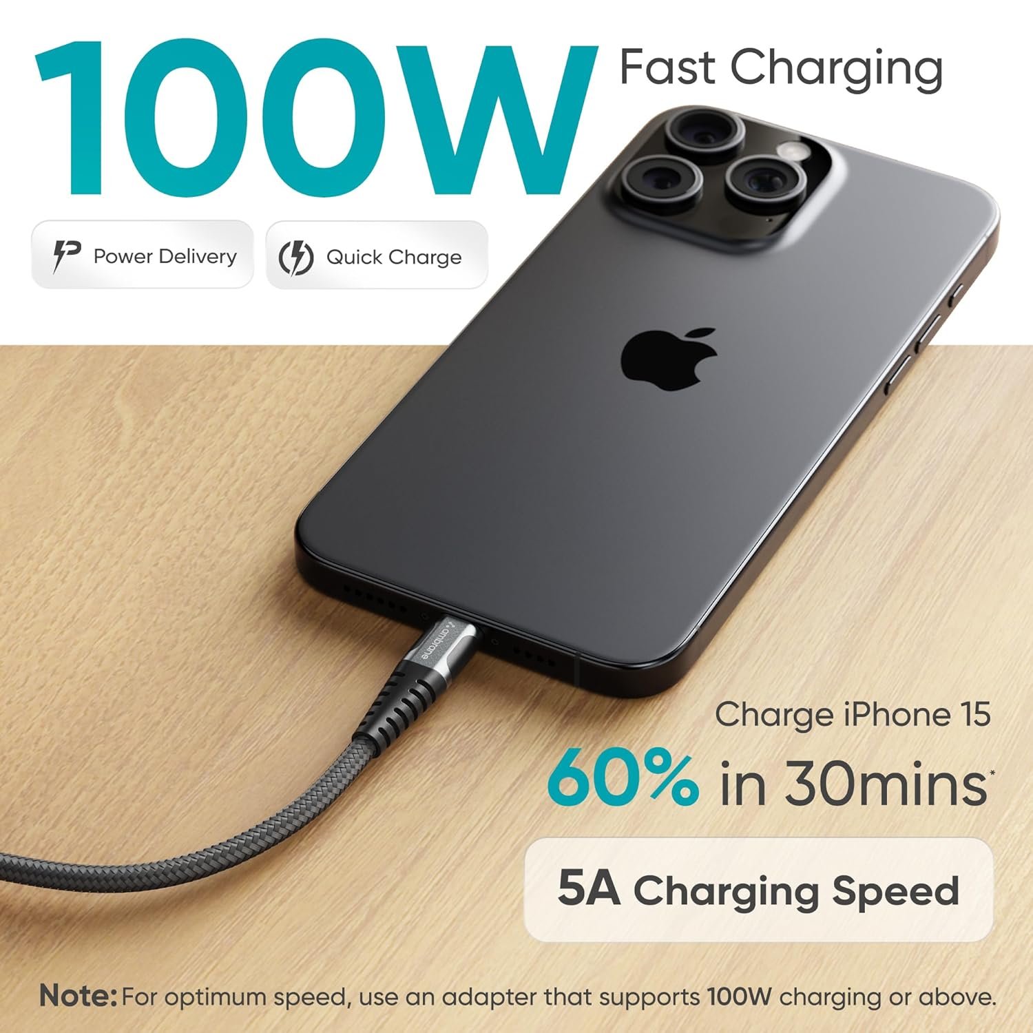 Ambrane 20Gbps Data Transfer & 100W Fast Charging Cable Type C Braided Cable for Smartphones, Tablets, Laptops & Other Devices, PD Technology 1.5M (ABCC-102, Black) - Image 3