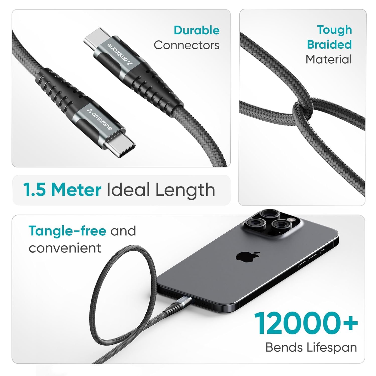 Ambrane 20Gbps Data Transfer & 100W Fast Charging Cable Type C Braided Cable for Smartphones, Tablets, Laptops & Other Devices, PD Technology 1.5M (ABCC-102, Black) - Image 4