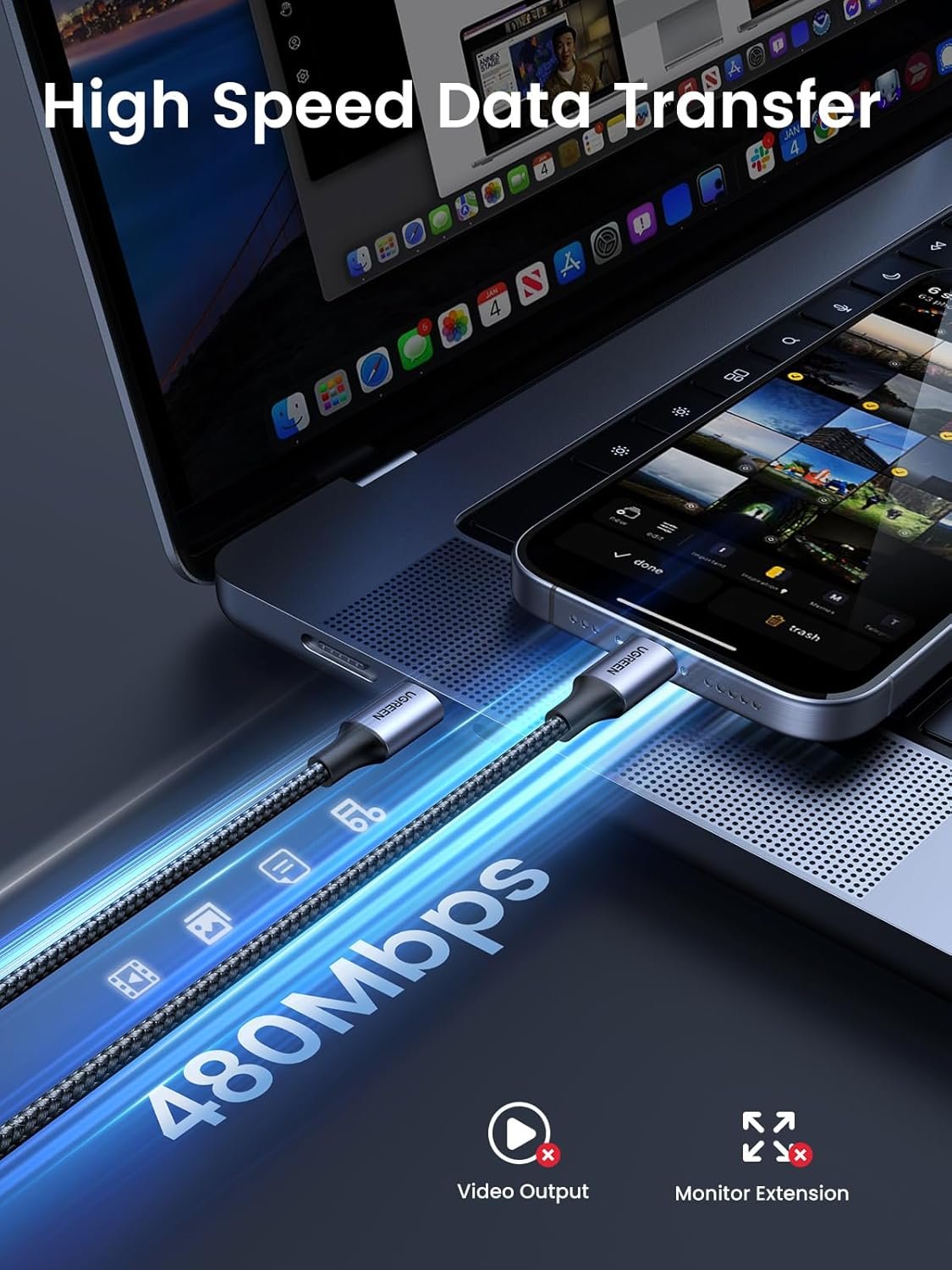 UGREEN 60W USB C to USB C Charger Cable, Type C PD Fast Charging Braided Cord, Compatible with iPhone 16 Pro Max/15, Galaxy S24 S23, MacBook Pro, iPad Pro 2024, Pixel9, Chromebook, Switch, 0.5M - Image 4