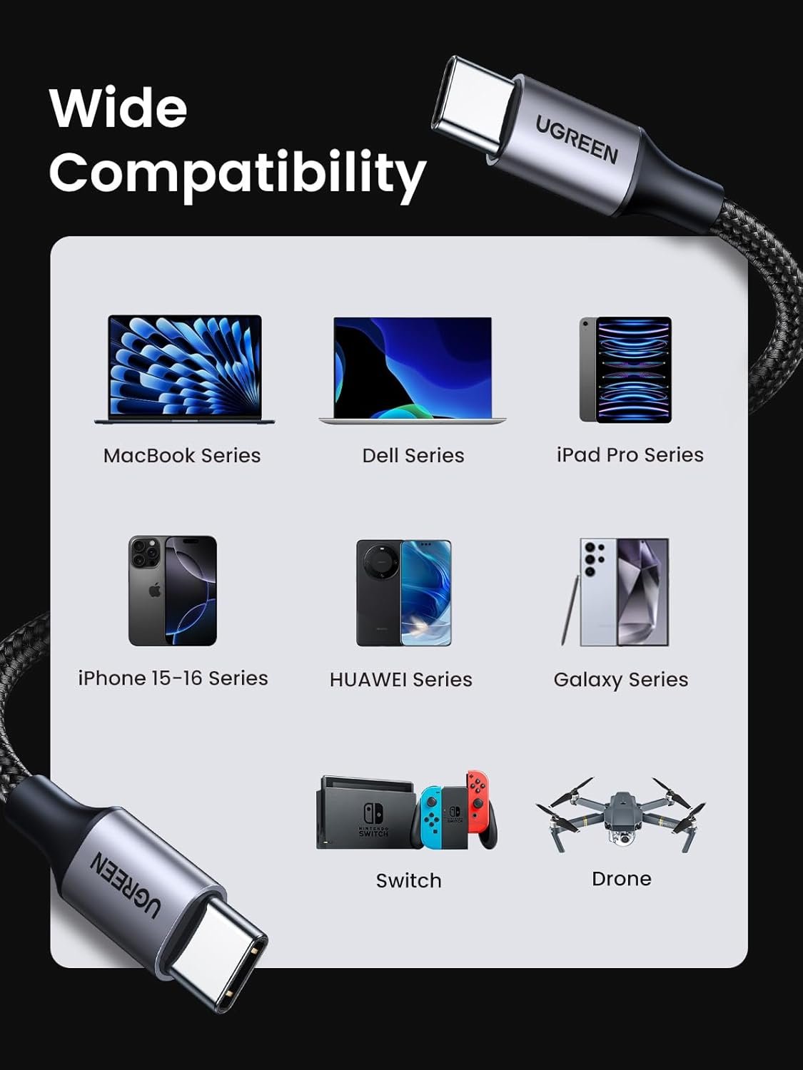 UGREEN 60W USB C to USB C Charger Cable, Type C PD Fast Charging Braided Cord, Compatible with iPhone 16 Pro Max/15, Galaxy S24 S23, MacBook Pro, iPad Pro 2024, Pixel9, Chromebook, Switch, 0.5M - Image 6