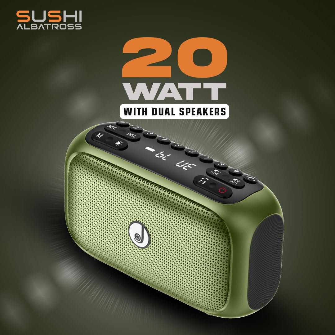 JC Sushi Albatross | Wireless Speaker | 20W | BT V5.0 | RGB Light |1800mAh Battery 25Hrs Playtime | Splash Proof | Sleek Design | Voice Recording | FM,USB & Micro SD | Type-C Fast Charge (Olive Green) - Image 3