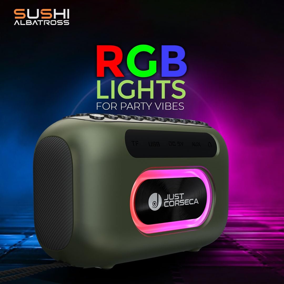JC Sushi Albatross | Wireless Speaker | 20W | BT V5.0 | RGB Light |1800mAh Battery 25Hrs Playtime | Splash Proof | Sleek Design | Voice Recording | FM,USB & Micro SD | Type-C Fast Charge (Olive Green) - Image 4