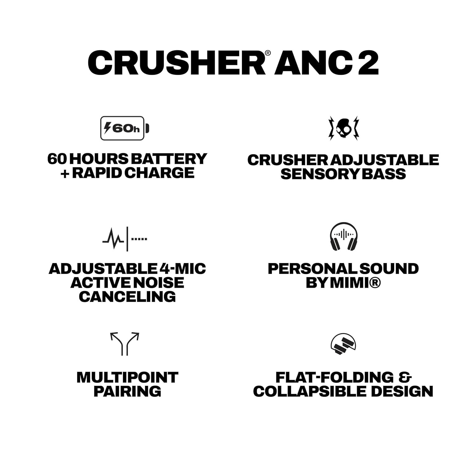 Skullcandy Crusher ANC 2 Over-Ear 4-Mic Active Noise Cancelling Wireless Headphones with 100 dB Sensory Bass, 40mm Drivers, Dual-Device Pairing, 50Hr Battery, Alexa Enabled – Black - Image 11