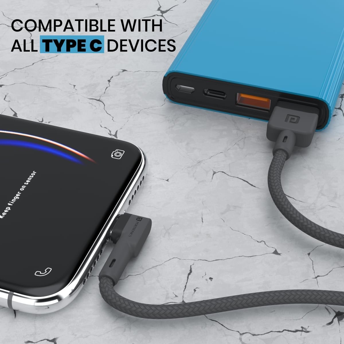 Portronics Konnect L Fast Charging 3A Type-C Cable 2 Meter with Charge & Sync Function for All Type-C Devices (Grey) - Image 8