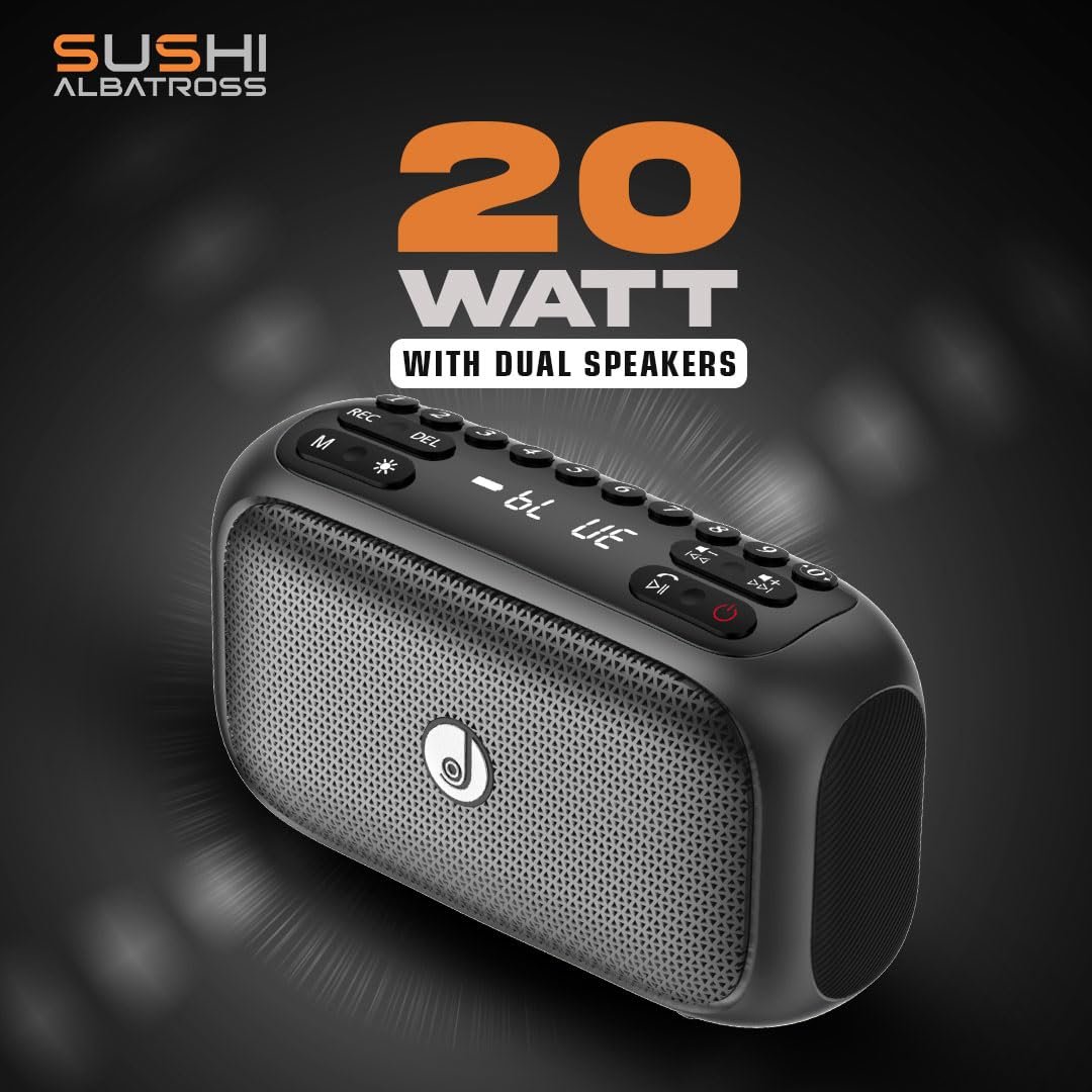 JC Sushi Albatross | Wireless Speaker | 20W | BT V5.0 | RGB Light |1800mAh Battery 25Hrs Playtime | Splash Proof | Sleek Design | Voice Recording | FM,USB & Micro SD | Type-C Fast Charging (Black) - Image 3