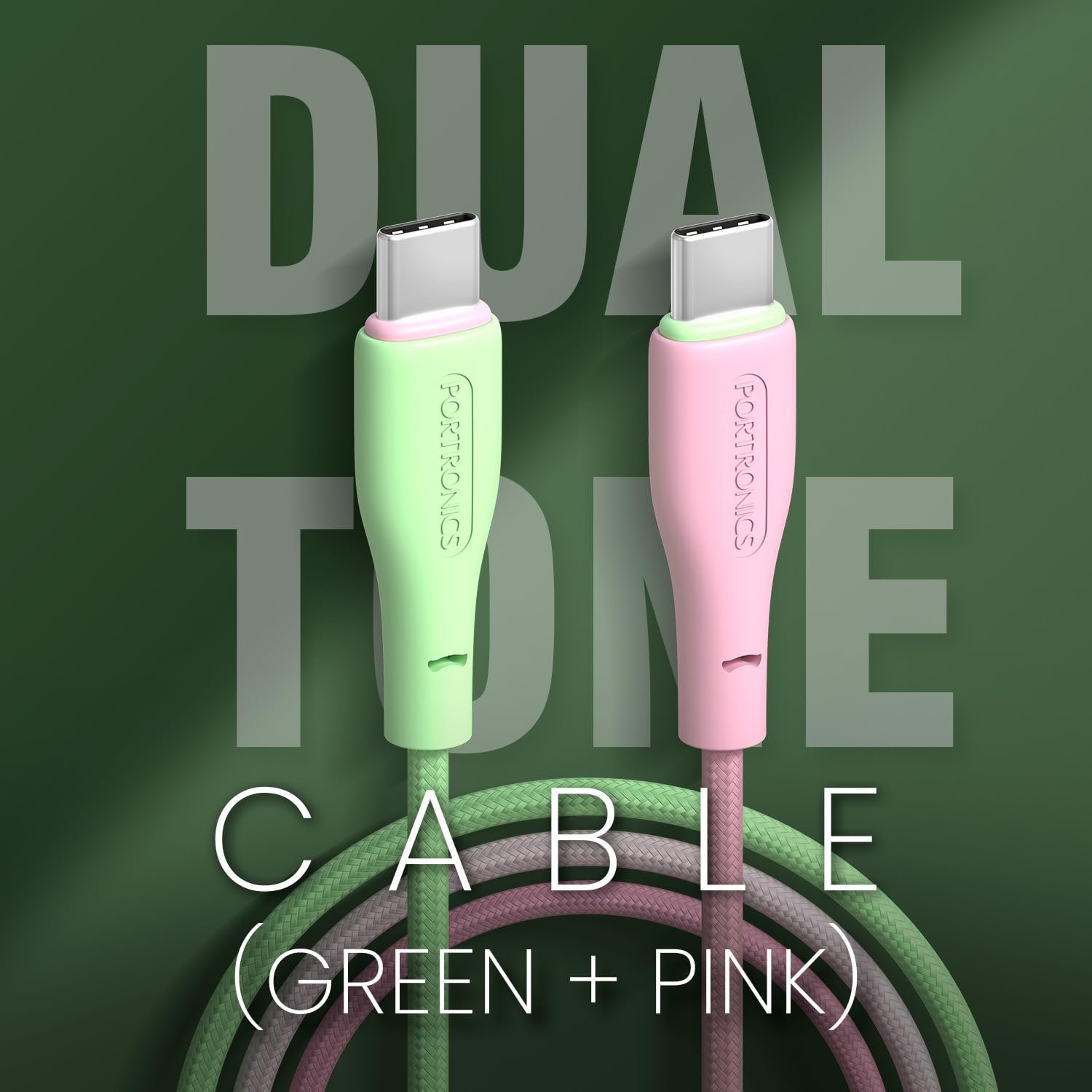 Portronics Hue x 60W Dual Tone Colour Type C Fast Charging Cable for Smartphones, Tablets,iPads, Laptops & Other Type C Devices, 480Mbps Data Sync, Premium Braided Cable (Green+Pink) - Image 3