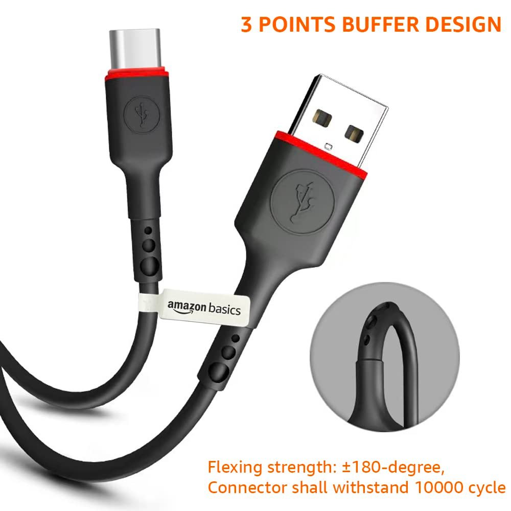 amazon basics TPE USB-A to Type C Cable, Tangle-free with 3A Rapid Charging & 480 Mbps Data Transmission (Black), 1M, Usb Cable - Image 4