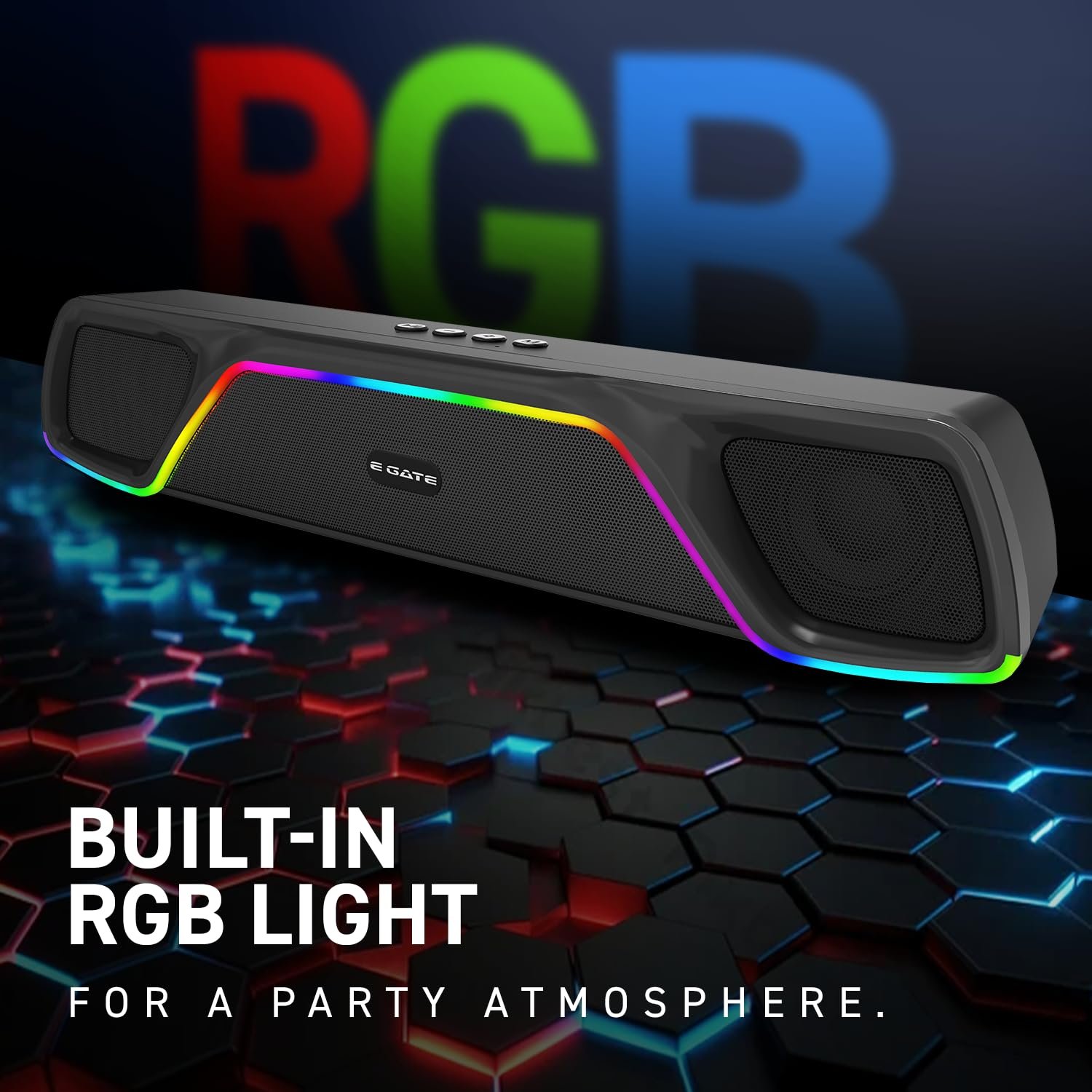 E GATE C207 |18Watt Bluetooth Soundbar, 52mm Driver, 2.0 Channel, Ambient RGB Light, Upto 18 Hrs* Backup from 2000 mAH Battery, Hands Free Call, TWS, AUX, USB, mSD, FM, BT 5.4v - eGate Sound bar - Image 3
