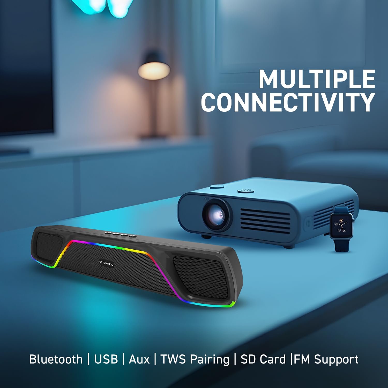 E GATE C207 |18Watt Bluetooth Soundbar, 52mm Driver, 2.0 Channel, Ambient RGB Light, Upto 18 Hrs* Backup from 2000 mAH Battery, Hands Free Call, TWS, AUX, USB, mSD, FM, BT 5.4v - eGate Sound bar - Image 5