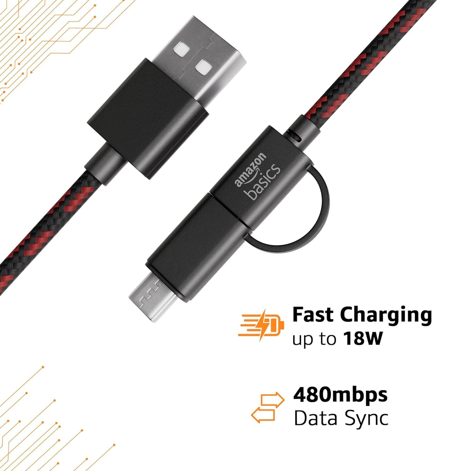 amazon basics 2-in-1 Type-C and Micro USB Braided Cable | 3A/18W Fast Charging & 480 Mbps Data Transfer | 1.2m, Tangle Free Cable - Image 3