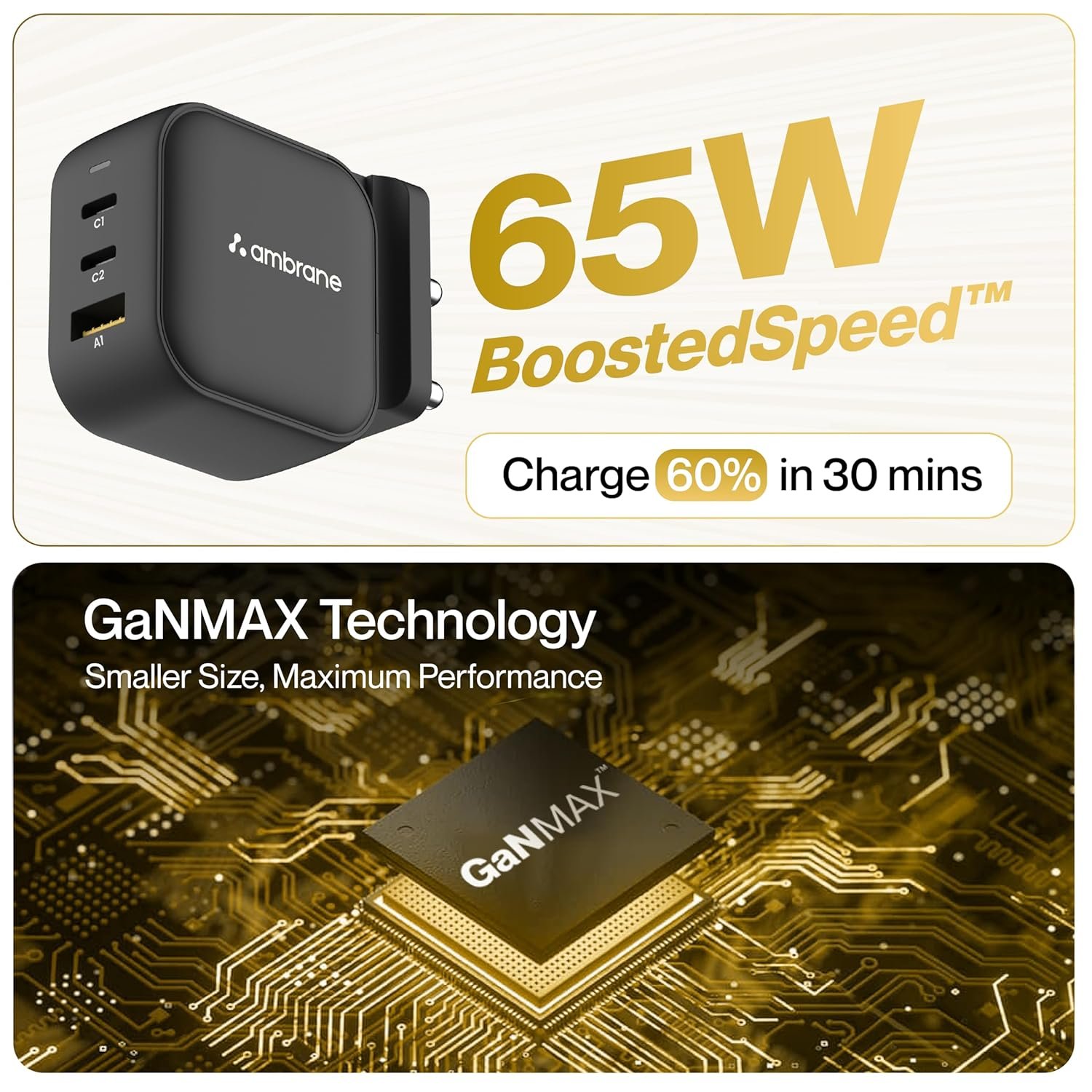 Ambrane 65W Charger Adapter, 3 Ports - 2 Type C & 1 USB for Samsung, Type C Laptops: MacBook, Dell, HP, ASUS, Fast Charger with PD Technology & GaN Technology for All Devices (RAAP G65, Black) - Image 9