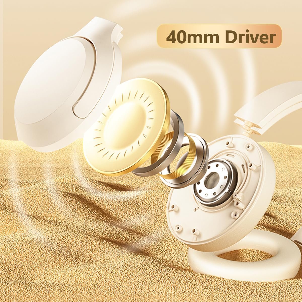Meyaar D5 Made in India Over Ear Bluetooth Headphones with 70H Playtime, 40mm Bass Drivers, ANC Mic, Type-C Fast Charging, BTv 5.4, AUX Option, IPX5 Headphones Wireless with Mic (Off White) - Image 4