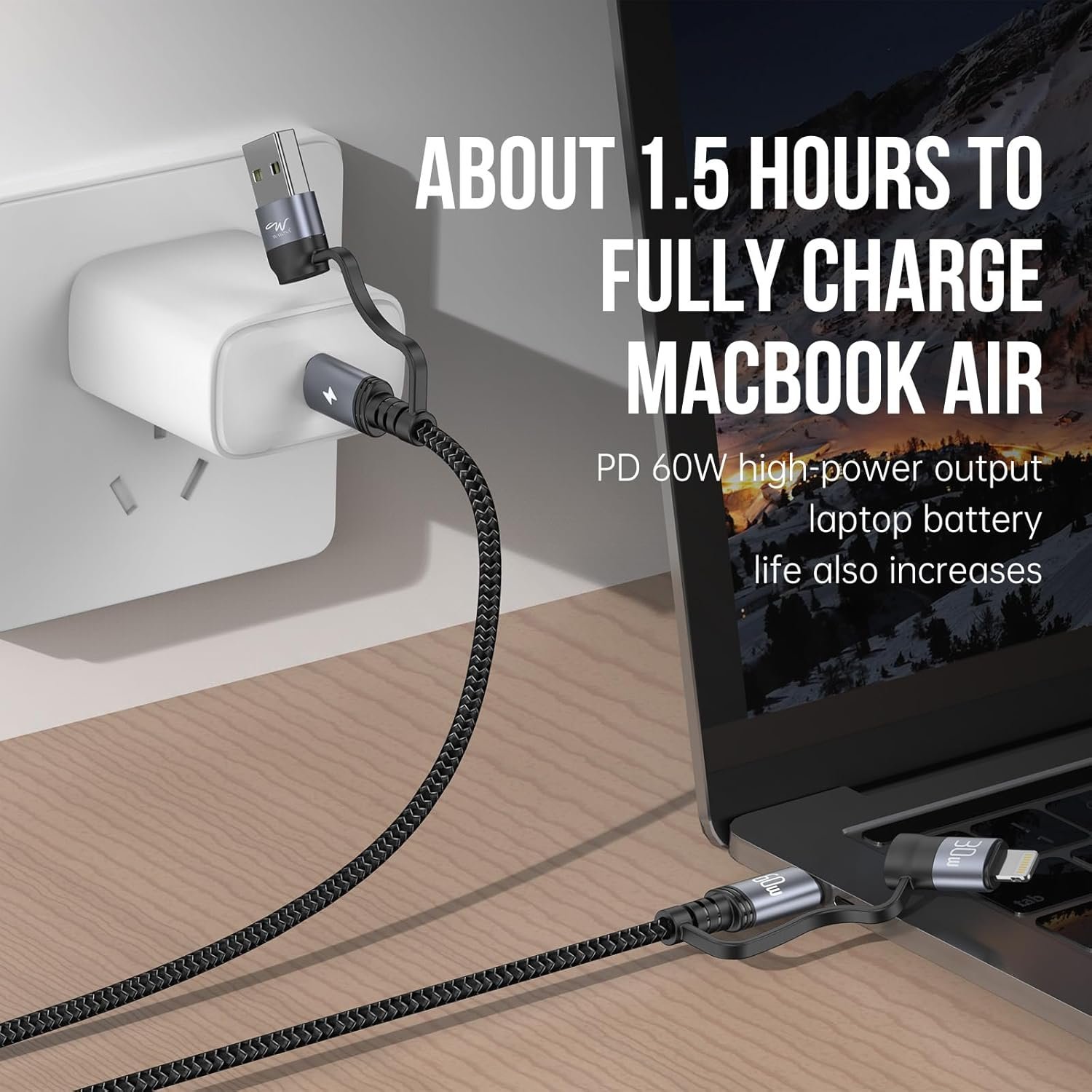 Wayona 4 in 1 Multi Charging Cable USB C to C, Type C to Lightning, USB A to C, USB A to Lightning – Fast Charging & Data Sync Cable Compatible with iPhone, Samsung, OnePlus & More (1.2M,Black) - Image 3