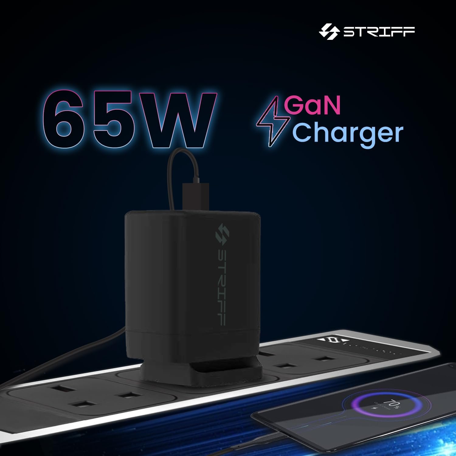 STRIFF 65W Charger Adapter, 3 Ports - 2 Type C & 1 USB for Samsung, Type C Laptops: MacBook, Dell, HP, ASUS, Fast Charger with PD Technology & GaN Technology for All Devices (Black) - Image 3