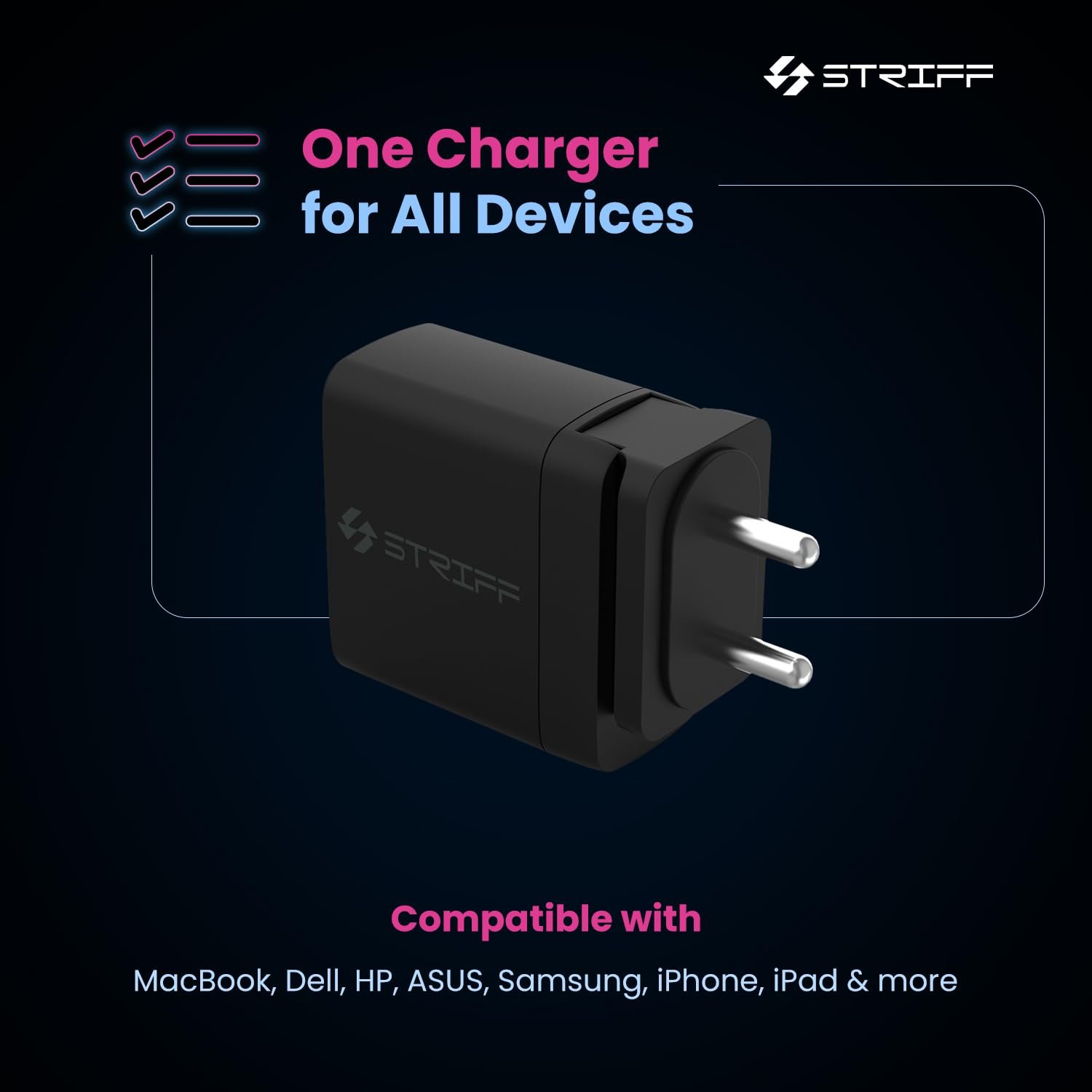 STRIFF 65W Charger Adapter, 3 Ports - 2 Type C & 1 USB for Samsung, Type C Laptops: MacBook, Dell, HP, ASUS, Fast Charger with PD Technology & GaN Technology for All Devices (Black) - Image 4