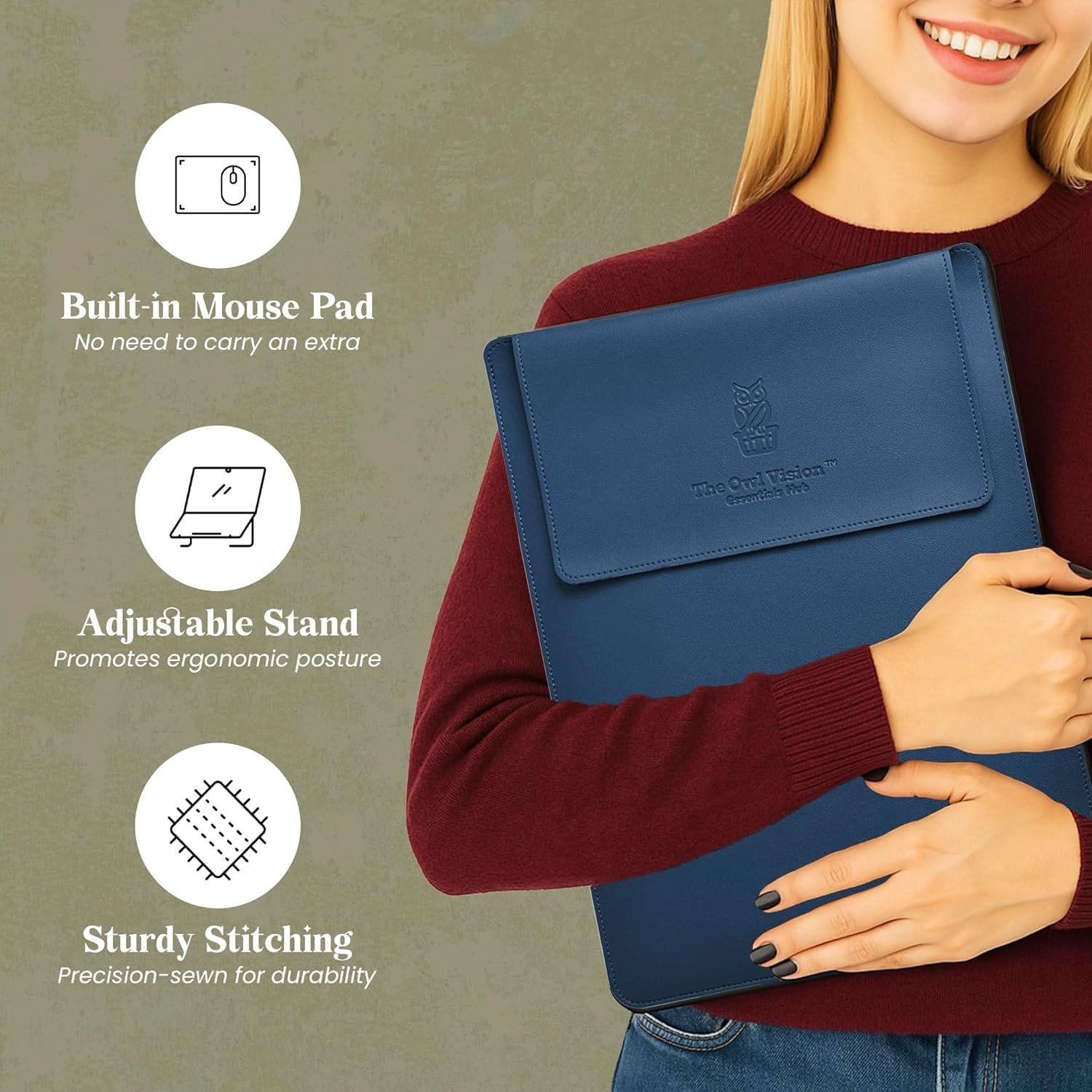 Vegan PU Leather Laptop Sleeve Bag with Built-in Mouse Pad & Adjustable Stand – Shockproof, Waterproof Slim Case for 14.1–15.4 inch Laptops (Blue) - Image 3