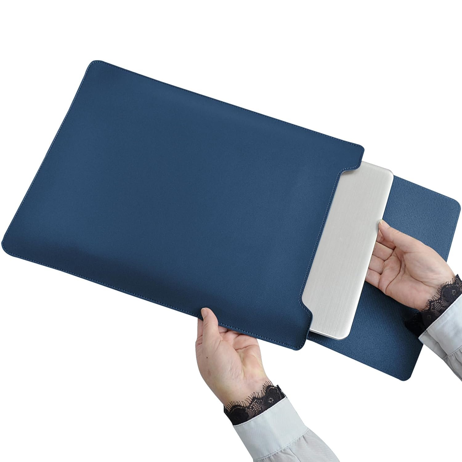 Vegan PU Leather Laptop Sleeve Bag with Built-in Mouse Pad & Adjustable Stand – Shockproof, Waterproof Slim Case for 14.1–15.4 inch Laptops (Blue) - Image 6