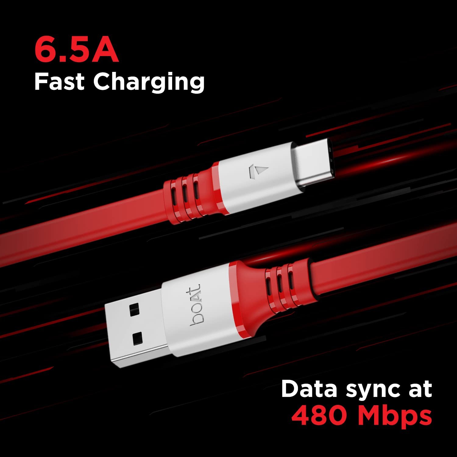 boAt Type C A750 6.5A Flat Super Fast Charging Cable w/Stress Resistance, Upto 65W/6.5Amp & Compatible w/Xiaomi, Oneplus, Samsung, Vivo, Oppo, 480 Mbps Data Transmission Speed(Radiant Red), 1.5M - Image 3