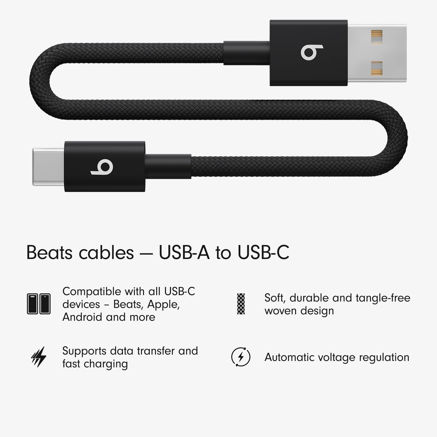 Beats USB-A to USB-C Woven Short Cable, Fast Charging, Durable/Tangle-Free, Compatible Charger for Apple & Android USB-C Devices (20 cm) – Bolt Black - Image 3