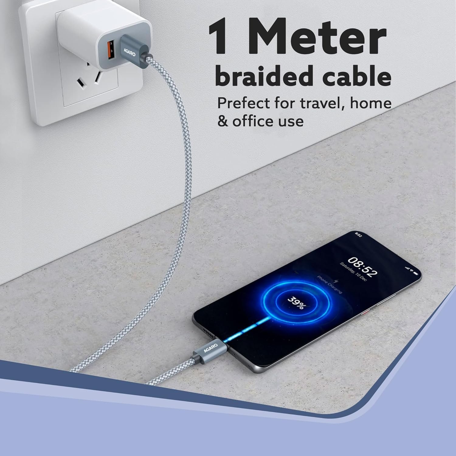 AGARO Usb-A To Type C Cable,Pack Of 2,Nylon Braided Cable,3A Fast Charging,Compatible With Type C Devices,Smartphones,Tablets Etc,Pd Technology,1M(3.2Ft),480 Mbps Data Transmission.,Grey - Image 3