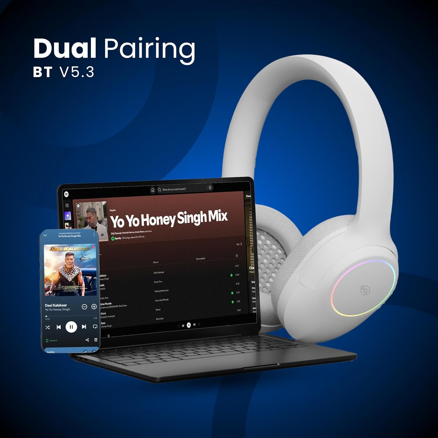 OOGE Echo 200 Wireless Bluetooth Headphones (White), 30H Playtime, 800H Standby Time, RGB Light, 250mAh Battery, Bluetooth 5.3, 10m Range, 1-Year Warranty - Image 5