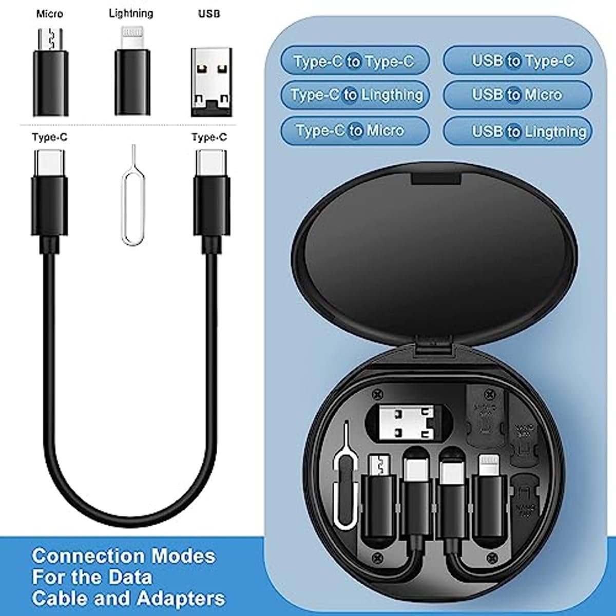 HUMBLE Mini Multi-Functional Fast Charging Data Cable Set for Apple, Android, Type C Charging with Retrieve Card Pin,Round Storage Box,Compact and Portable USB Data Cable Storage Box-Black - Image 3
