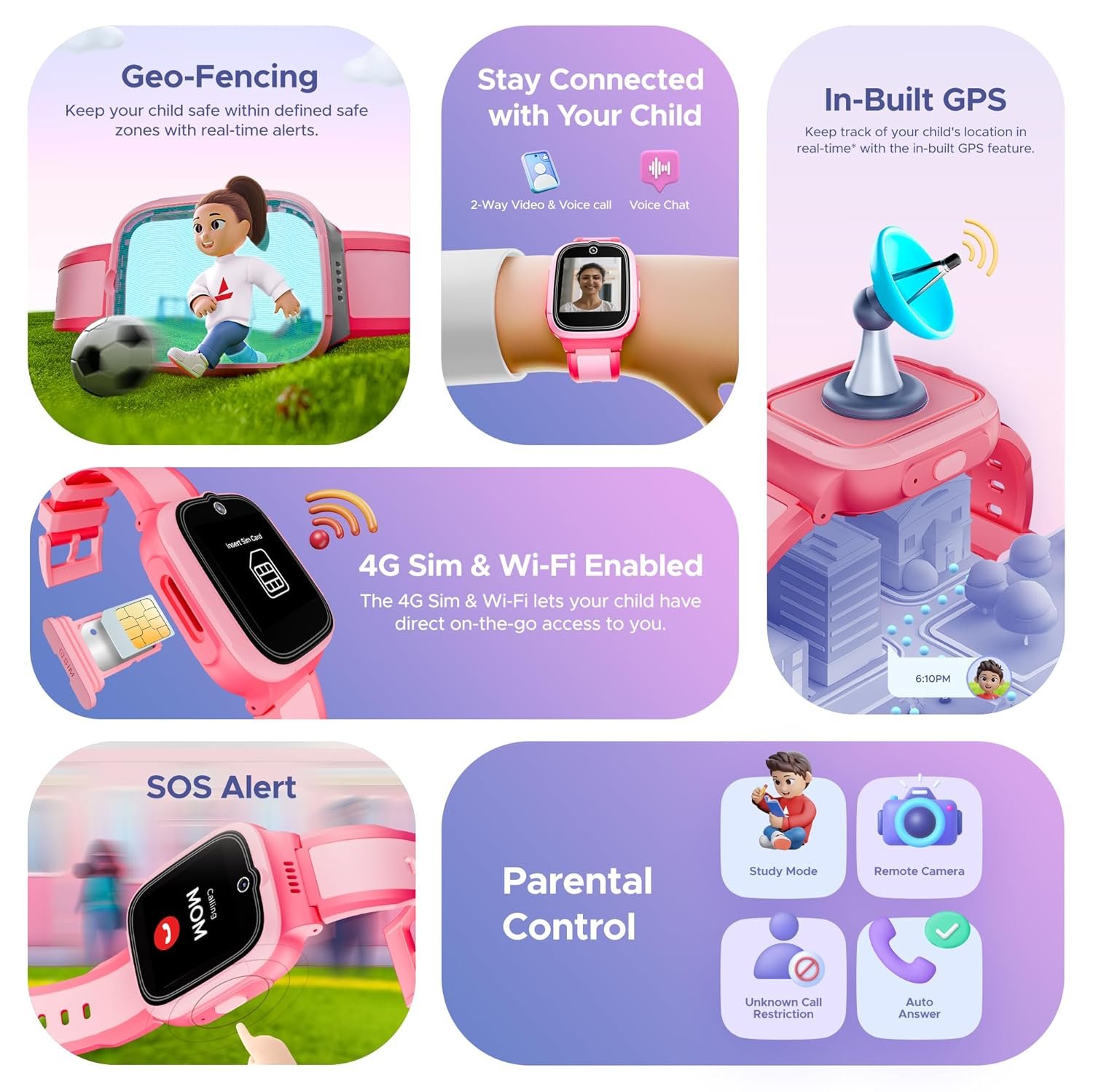 boAt Wanderer Smart Kids Watch w/ 2-Way Video & Voice Calls, SOS, Geo Fencing, Restrict Unknown Calls, Parental Controls,2MP Camera 1.43" (3.6 cm) HD Display Fitness Smart Watch (Candy Pink) - Image 4