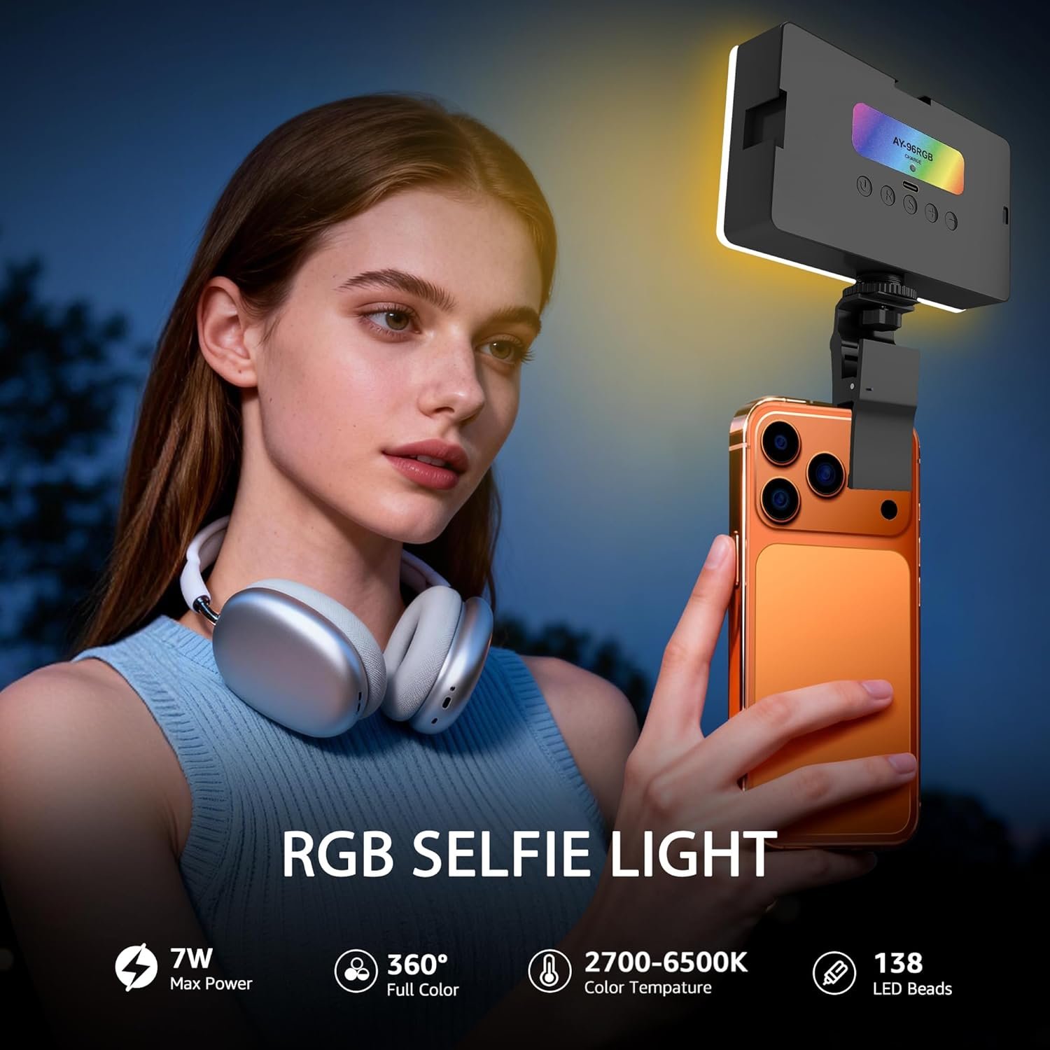 NiceVeedi RGB Selfie Light, 138 LED Beads Bi-Color Camera Light with Cold Shoe, 1/4” and Clip, 360° Full Color Photography Lighting, CRI95+/180 Minutes Runtime Video Light for Video Recording/DSLR - Image 4
