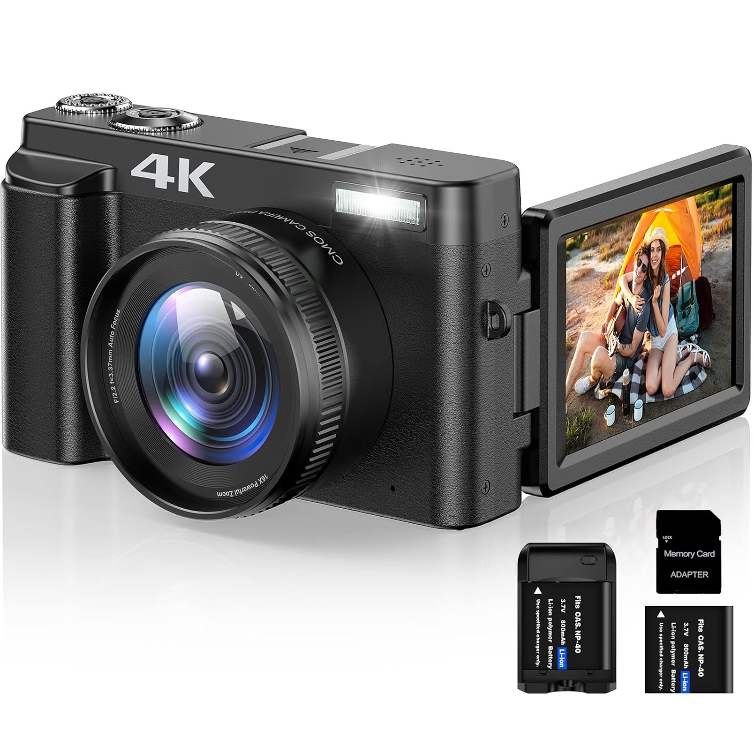 4K Digital Camera for Photography and Video Autofocus 16X Digital Zoom, 48MP Vlogging Camera with 32GB SD Card, 3'' 180° Flip Screen Compact Camera for Travel,2 Batteries Charger Stand - Image 2