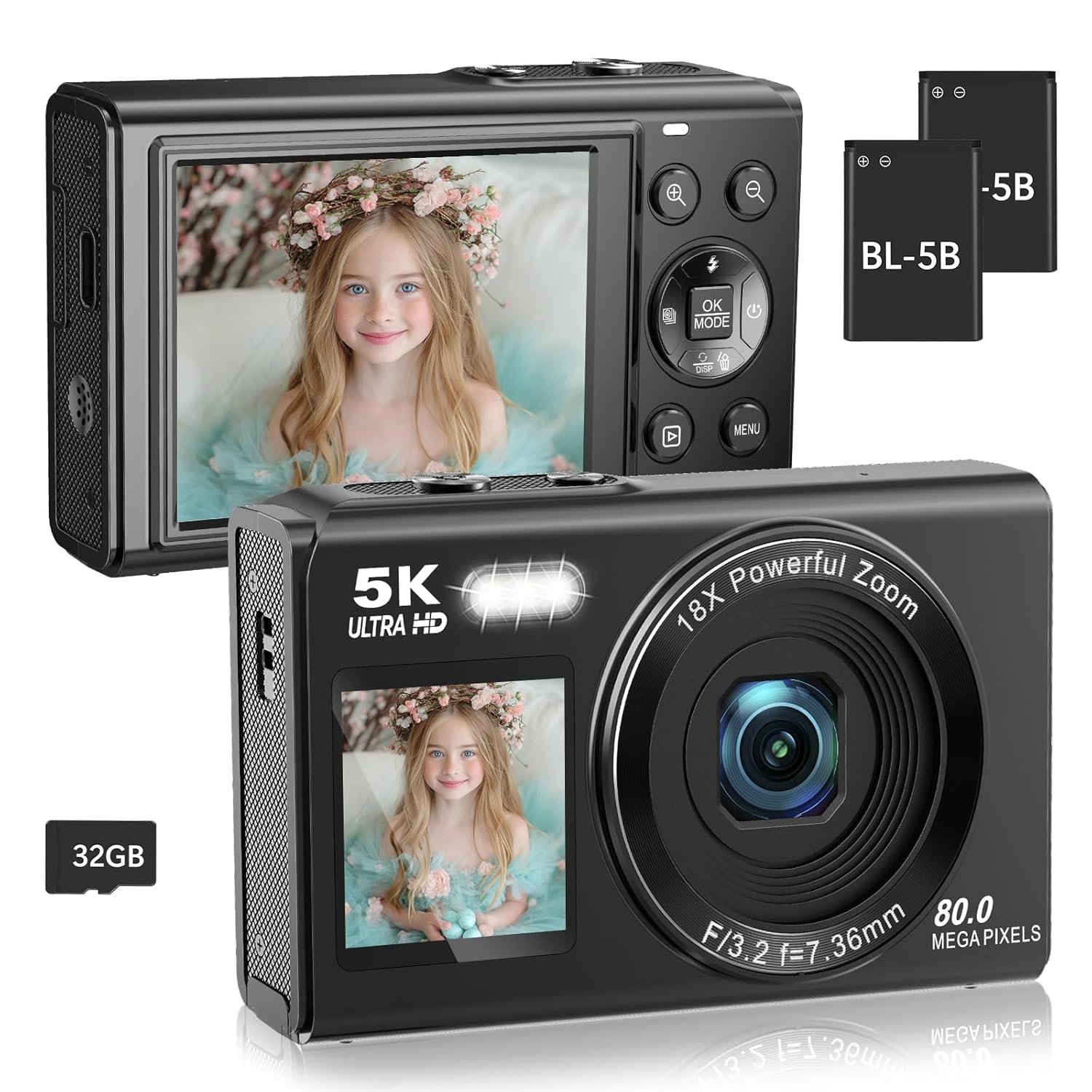 5K 80MP Digital Camera with Fill Light & 16X Zoom - Dual Screen Vlogging Camera for YouTube/Blogging, WiFi, 32GB TF Card, 2 Batteries, 2.8" LCD, Camera Strap (X9-Black) - Image 2