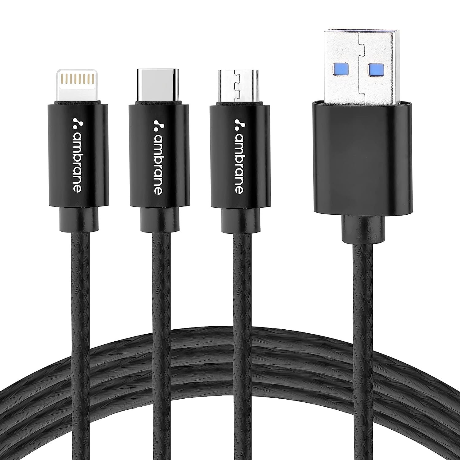 Ambrane Unbreakable 3 in 1 USB Fast Charging USB Cable with Type C, Lightning, Micro USB Port with 2.1 A, Compatible with iPhone, iPad, Samsung, OnePlus, Mi, Oppo, Vivo, Xiaomi, 1.25M (Trio-11, Black) - Image 2