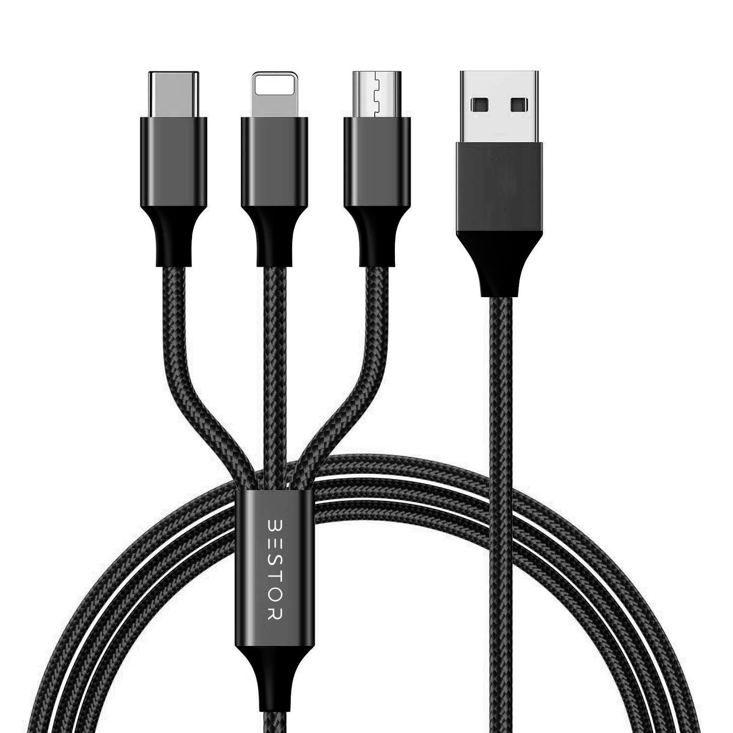 BESTOR® 3-in-1 Multi Charging Cable – Nylon Braided Fast Charging Cable for Android, iOS, Type-C Devices – Compatible with Smartphones & Tablets (Black) - Image 2