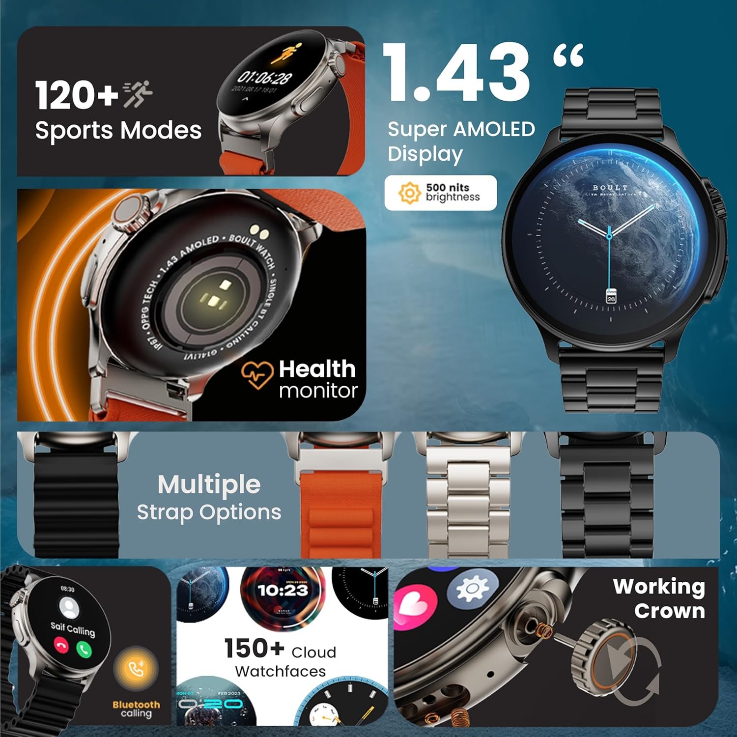Boult GOBOULT (Formerly Newly Launched Crown R Pro Smart Watch 1.43''HD AMOLED, Working Crown, Zinc Alloy Frame,600Nits Brightness, AI Voice Assistant, SpO2 Monitoring, 120+ Sports Mode(Metal Black) - Image 2