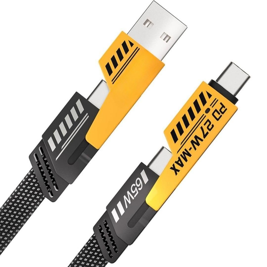 FLAT WIRE cable 4 in 1 Fast Charging Cable, 65W Braided Multi Charging Port with USB C, USB A, and Lightning Connectors, 3.3 Ft, Compatible with Phones, Tablets, Laptops - Image 2