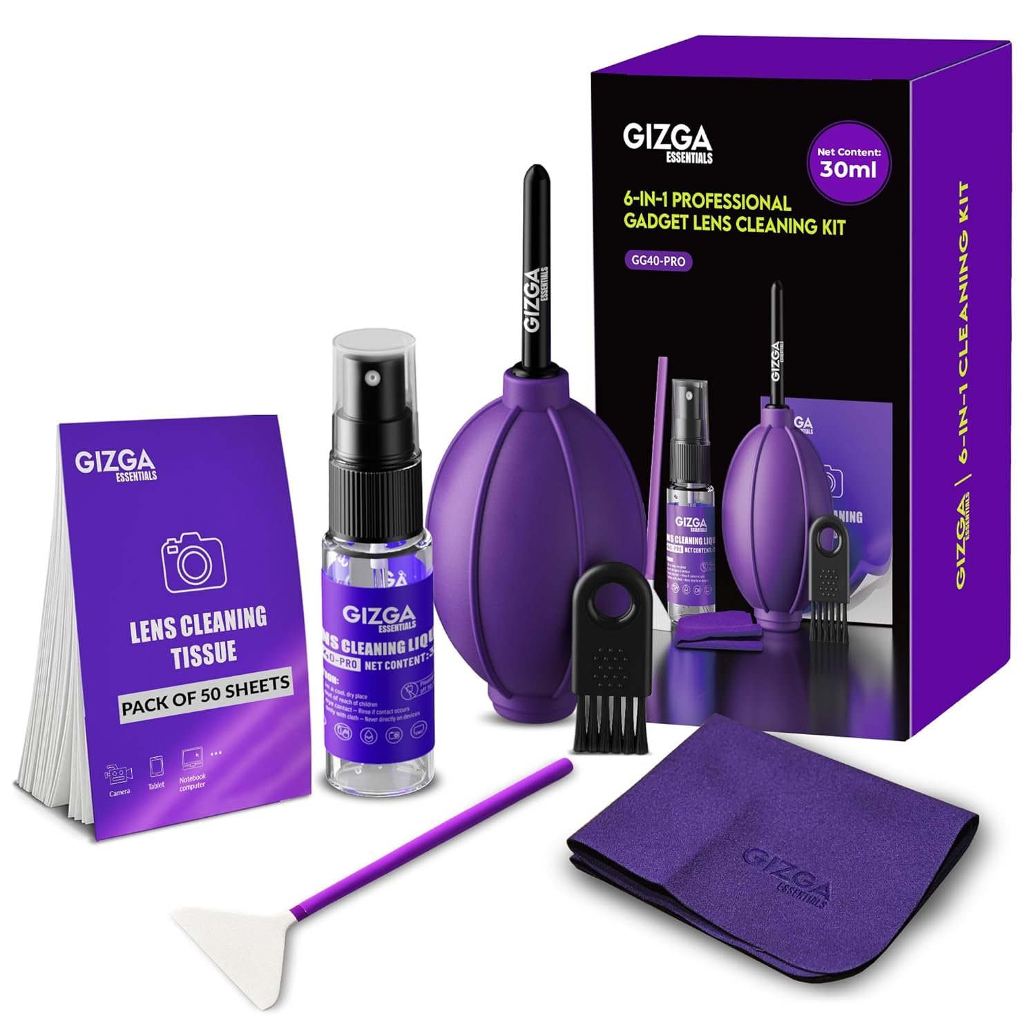 Gizga Pro Series 6-in-1 Cleaning KIT - 30ml Cleaning Spray, Air Blower, 50-Lens Tissues, 5 Sensor Swabs, Brush, Microfiber Cloth for Laptop, PC, Binocular, DSLR Camera Lens, Smartphone, Tablet - Image 2