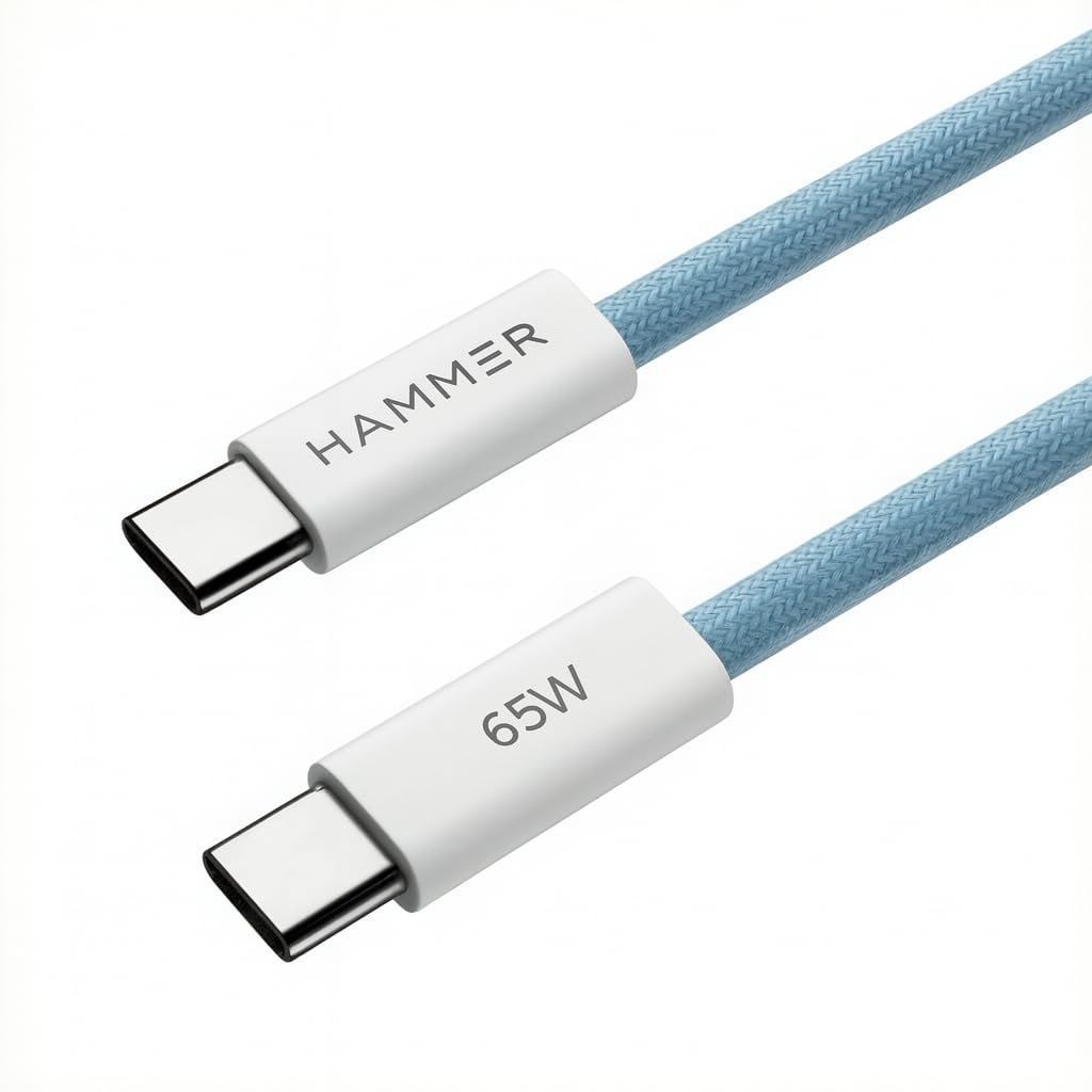 HAMMER Type C to Type C Cable 65W Braided, PD Fast Charging, Data Sync, 1.5 Meter Tangle Free Wire, Compatible with all C-Type Enabled Devices (Blue) - Image 2