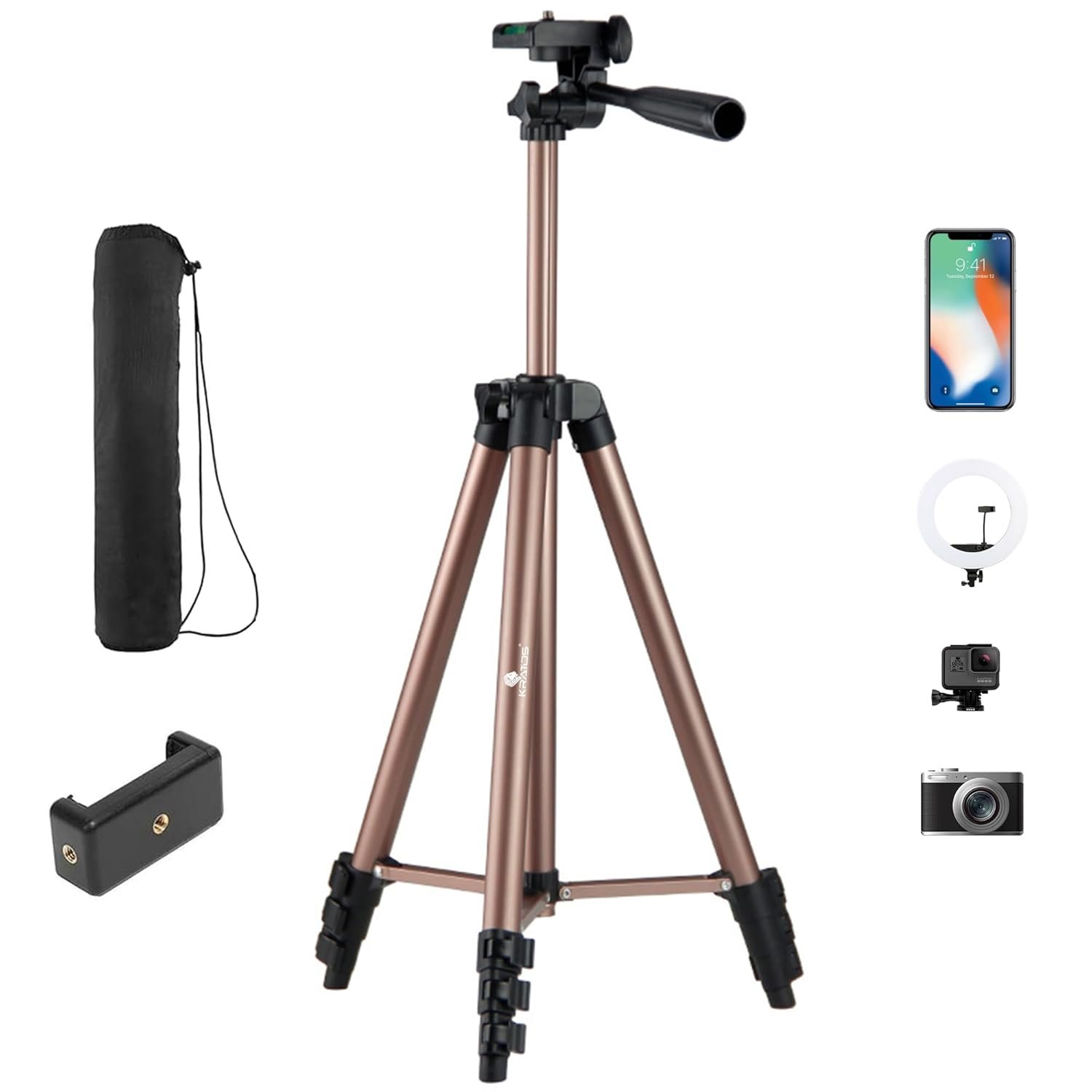 Kratos Aluminum Tripod Stand 51 Inch/130CM with 360° Rotatable Mobile Holder with Handle, Compatible with All Smartphones, GoPro & DSLR, Adjustable Tripod Stand for Photography & Video Shooting - Image 2