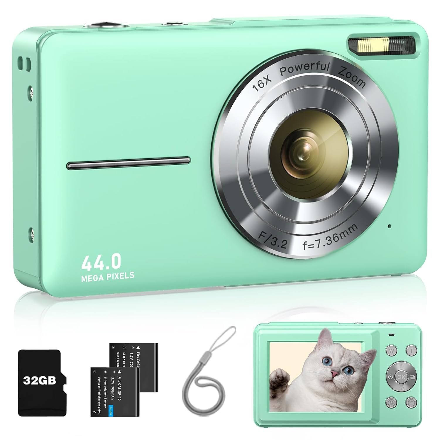 Lecran 1080p kids Digital Camera with 32Gb Card,2 Batteries,Lanyard,16X Zoom,Anti Shake,44Mp Compact Portable Small Point And Shoot Cameras For Kids Children Teens Girl Boy(Light Green) - Image 2