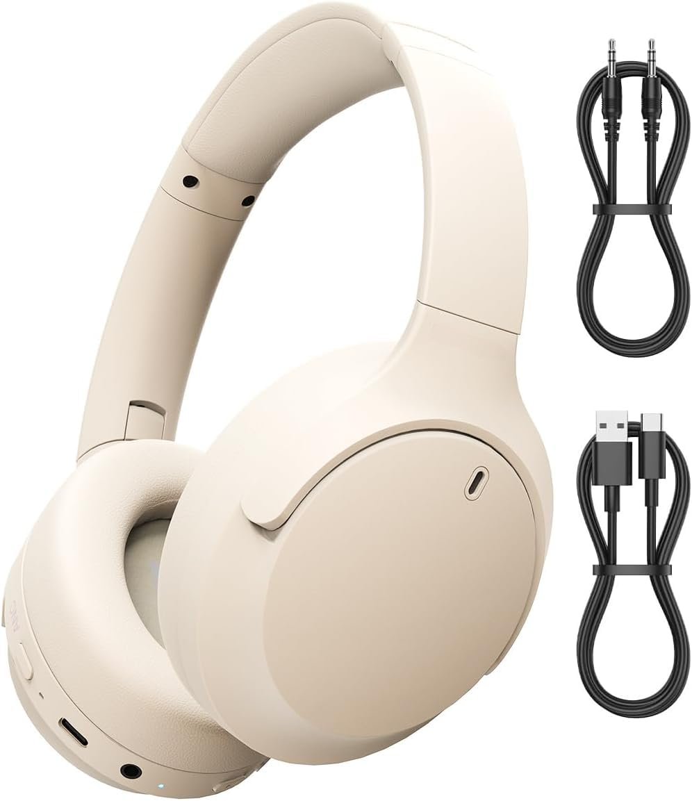 Meyaar D5 Made in India Over Ear Bluetooth Headphones with 70H Playtime, 40mm Bass Drivers, ANC Mic, Type-C Fast Charging, BTv 5.4, AUX Option, IPX5 Headphones Wireless with Mic (Off White) - Image 2
