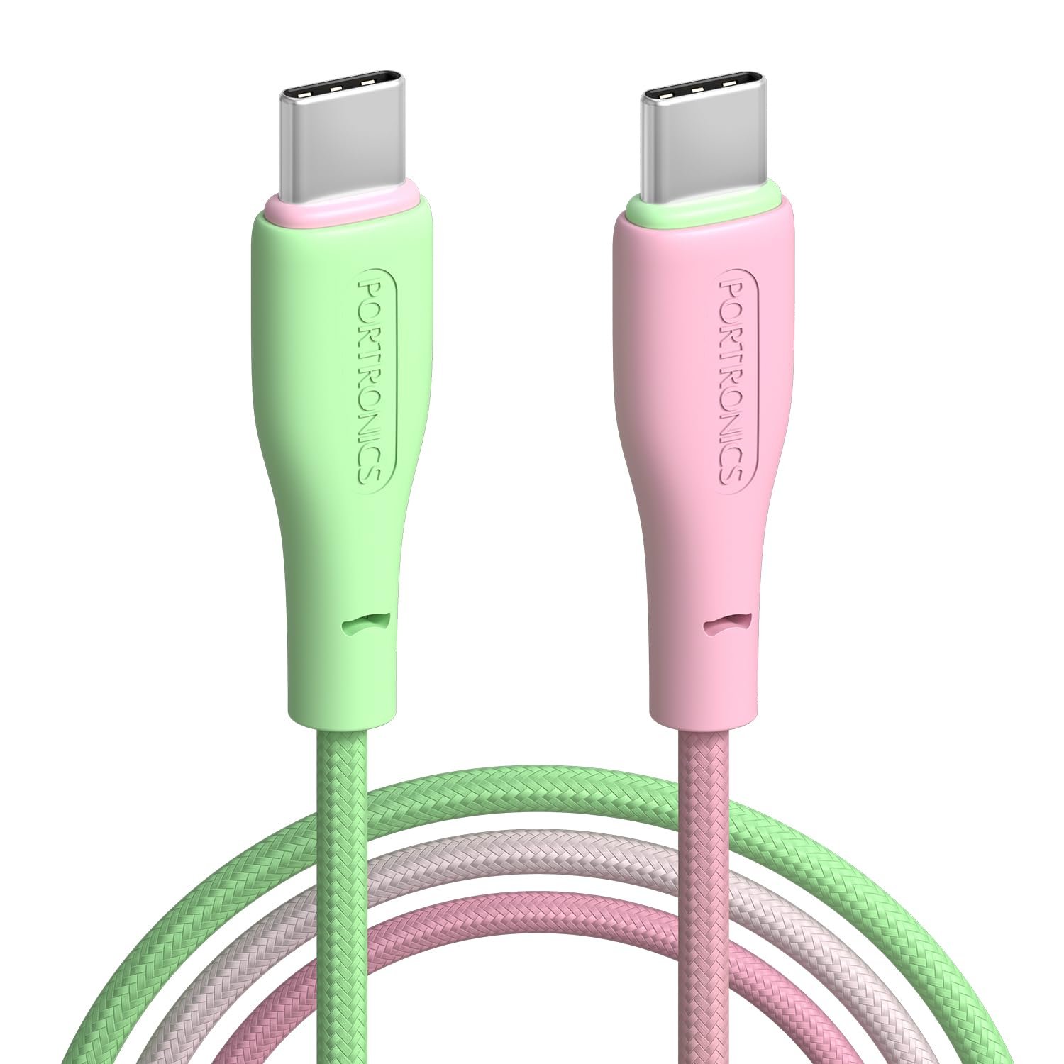 Portronics Hue x 60W Dual Tone Colour Type C Fast Charging Cable for Smartphones, Tablets,iPads, Laptops & Other Type C Devices, 480Mbps Data Sync, Premium Braided Cable (Green+Pink) - Image 2