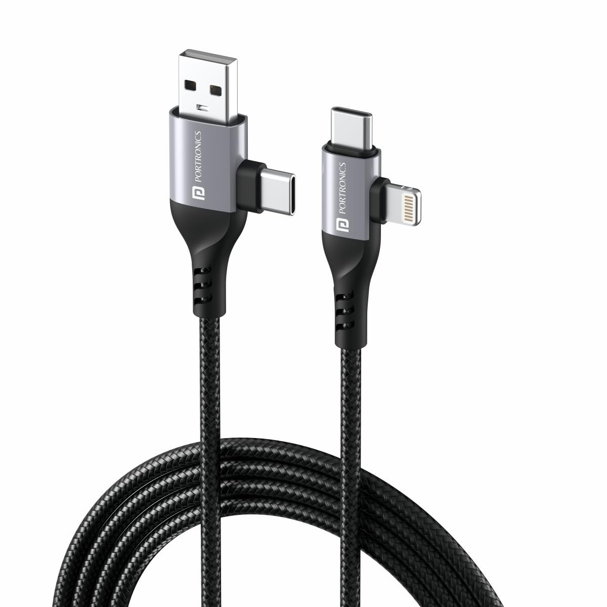 Portronics Konnect 4 IN 1 Unbreakable Nylon Braided Multi Functional Fast Charging Cable with Fast Data Transfer,Compatible with All Type C Android Smartphone & Lighting Device etc.(Black) - Image 2