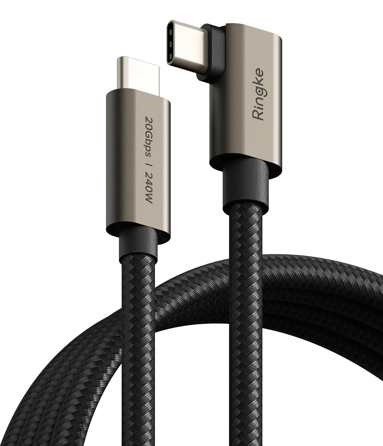 Ringke 90 Degree USB 3.2 Gen 2x2 USB-C Cable [2M / 240W] Right Angle Type C to C Fast Charging Nylon Braided Charger Cord Designed for iPhone 16 15 Series, Samsung Galaxy Series etc. - Black - Image 2