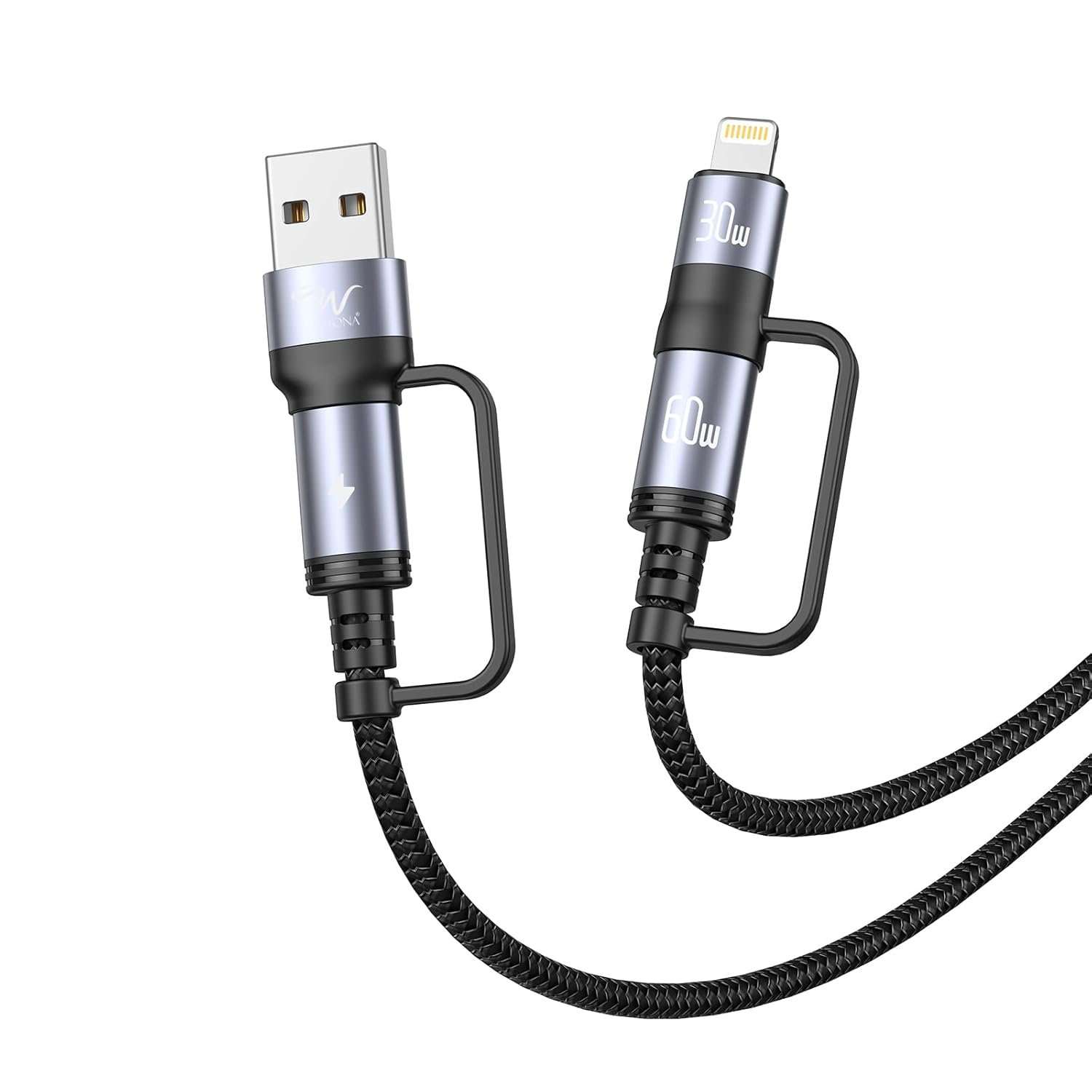 Wayona 4 in 1 Multi Charging Cable USB C to C, Type C to Lightning, USB A to C, USB A to Lightning – Fast Charging & Data Sync Cable Compatible with iPhone, Samsung, OnePlus & More (1.2M,Black) - Image 2