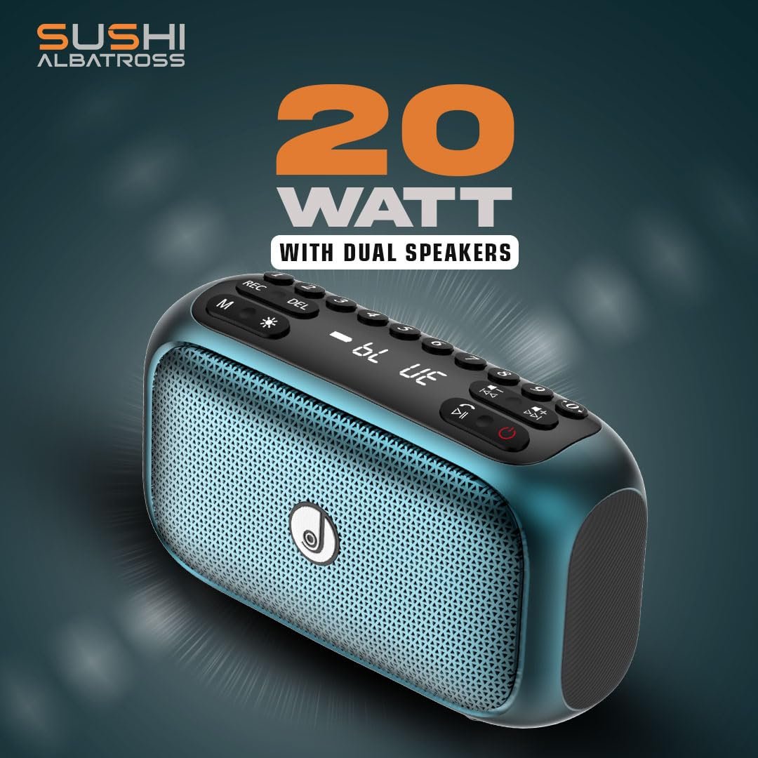 JC Sushi Albatross | Wireless Speaker | 20W | BT V5.0 | RGB Light |1800mAh Battery 25Hrs Playtime | Splash Proof | Sleek Design | Voice Recording | FM,USB & Micro SD | Type-C Fast Charge (Ocean Blue) - Image 3