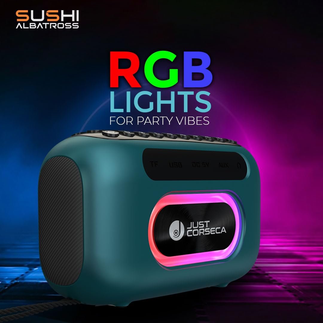 JC Sushi Albatross | Wireless Speaker | 20W | BT V5.0 | RGB Light |1800mAh Battery 25Hrs Playtime | Splash Proof | Sleek Design | Voice Recording | FM,USB & Micro SD | Type-C Fast Charge (Ocean Blue) - Image 4