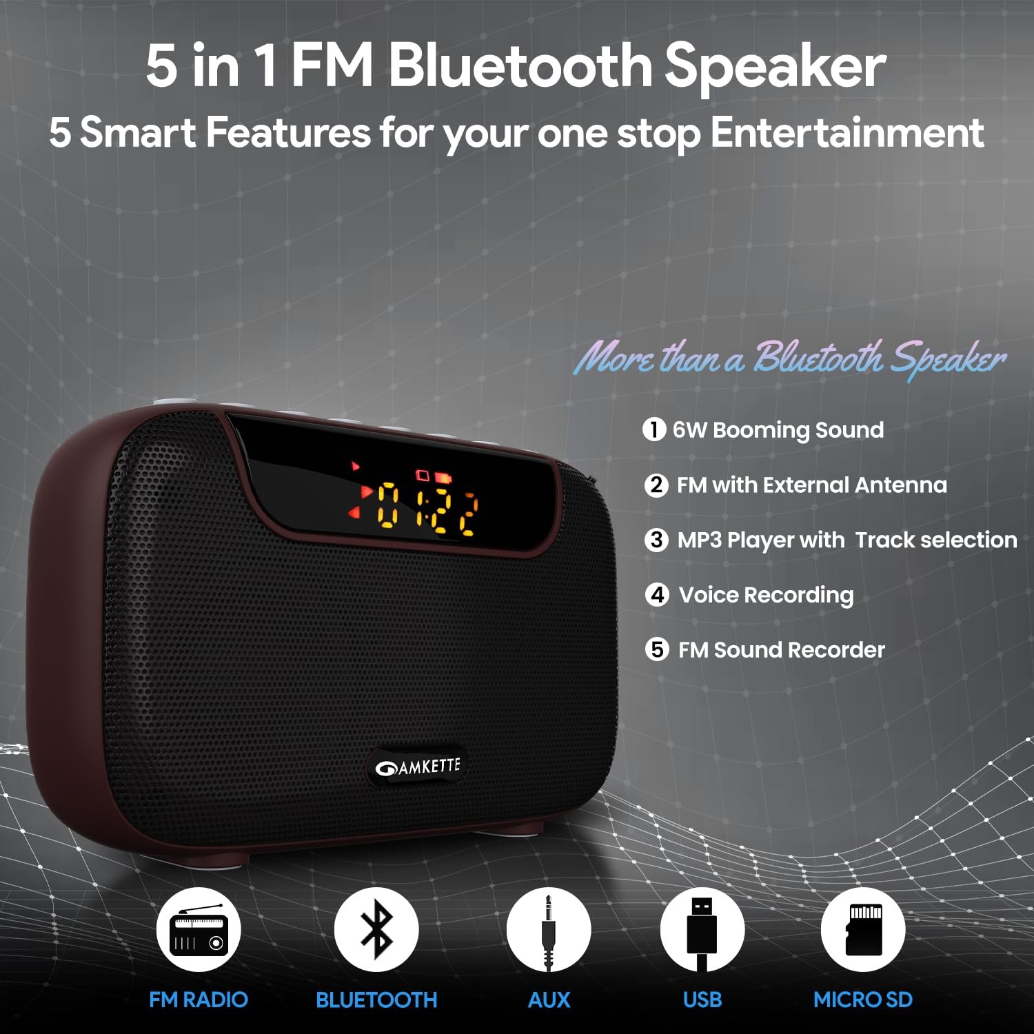 Amkette Pocket Blast 5 in 1 FM Radio with Bluetooth, Powerful Sound, Voice & FM Recording, External Antenna, 7+ Hours Playback, MP3 Player with Number Pad (AUX, SD Card, USB Input) (Brown) - Image 3