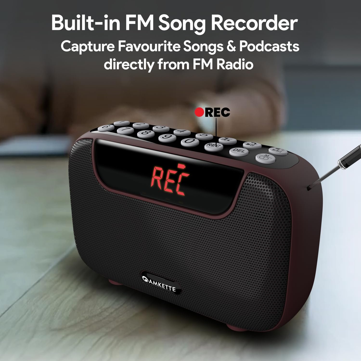 Amkette Pocket Blast 5 in 1 FM Radio with Bluetooth, Powerful Sound, Voice & FM Recording, External Antenna, 7+ Hours Playback, MP3 Player with Number Pad (AUX, SD Card, USB Input) (Brown) - Image 5