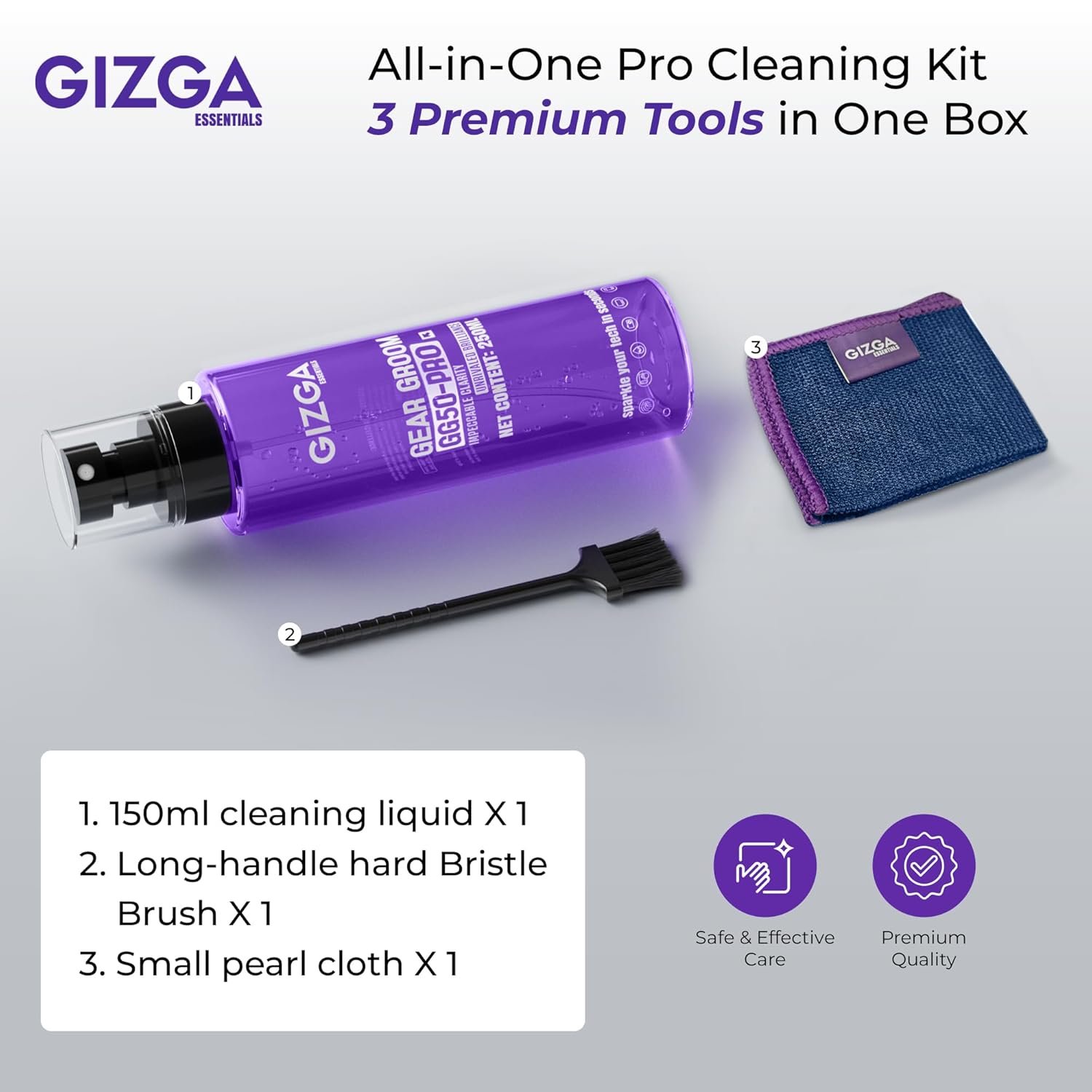 Gizga Pro Series 3-in-1 Cleaning KIT - 150ml Cleaning Spray, Microfiber Cloth & Cleaning Brush| Safe Screen Cleaner for Laptop, PC, Smartphone, Tablet, DSLR Camera Lens, Binocular, Keyboard, Gadgets - Image 3