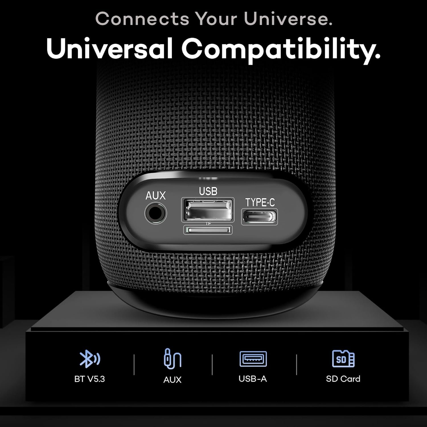 Pebble Newly Launched Photon 16W Bluetooth Speaker with RGB Lights, Dual 8W Drivers, 2400mAh Battery, FM Radio, TF Card, USB, and AUX, Premium Fabric Design - Black - Image 9